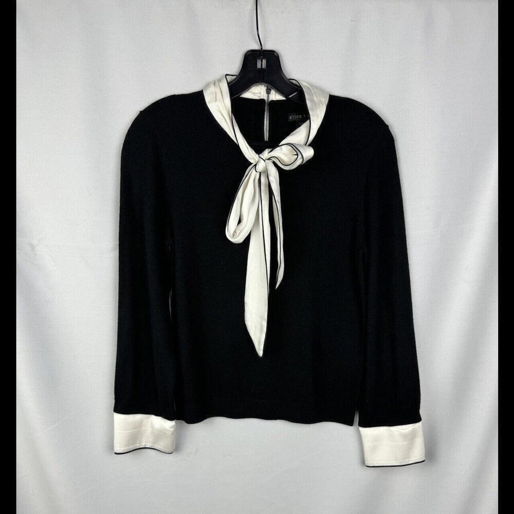 Alice + Olivia Zani Layered Tie Neck Sweater Black Wool & Silk Size M